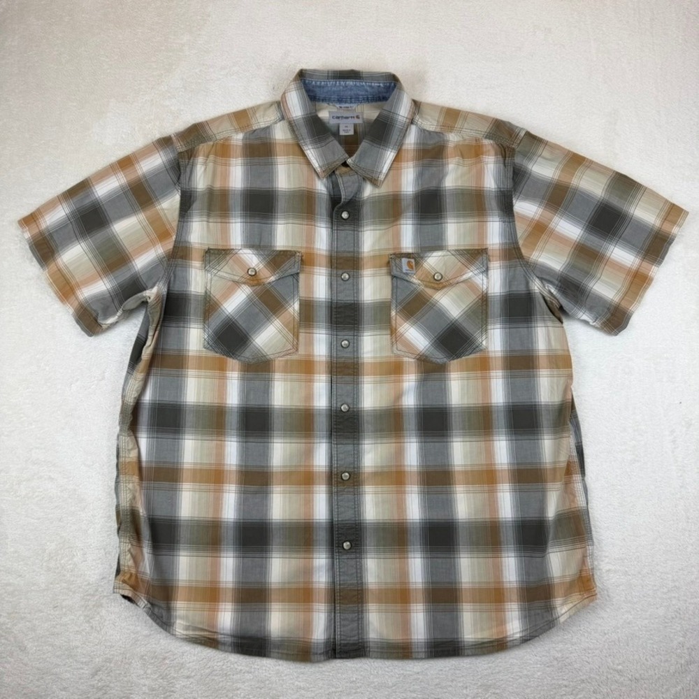 Carhartt Mens Relaxed Fit Plaid Snap Front Short Sleeve Shirt XL Brown Grey